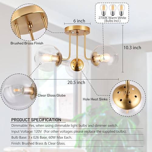 KoKo&Yukina 3-Light Semi Flush Mount Ceiling Light Globe Ceiling Light Mid Century Ceiling Light with Opal Milk Glass Globe & Brushed Brass for Bedroom Hallway Entryway Kitchen Living Room-Bulb Incl