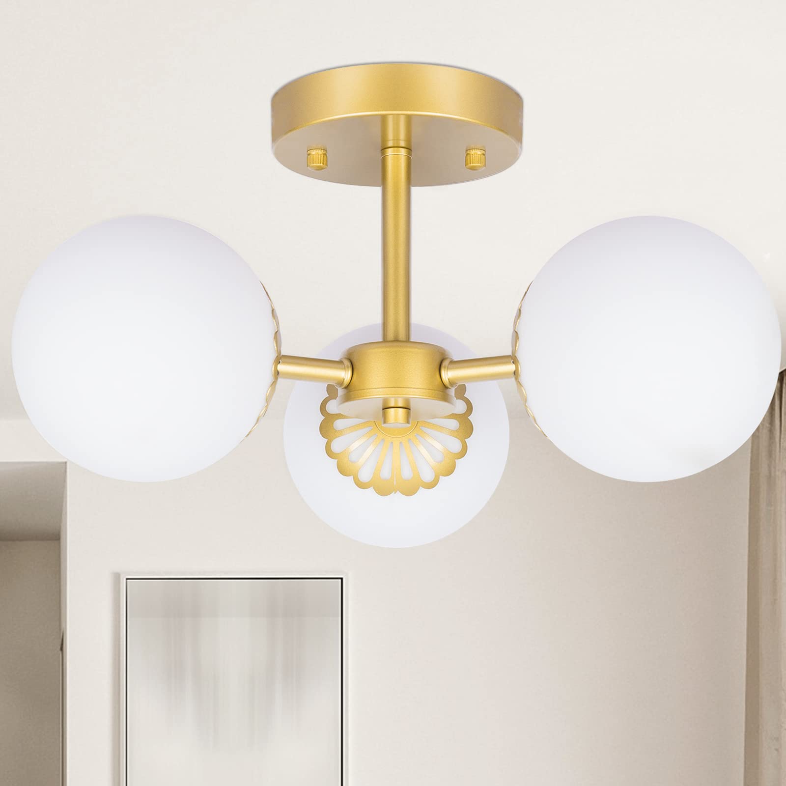 5-Light Gold Chandelier, Globe Modern Sputnik Light Fixture with Frosted Glass, Vintage Semi-Flush Mount Ceiling Light for Dining Room, Large Pendant Lighting for Kitchen Living Room Bedroom