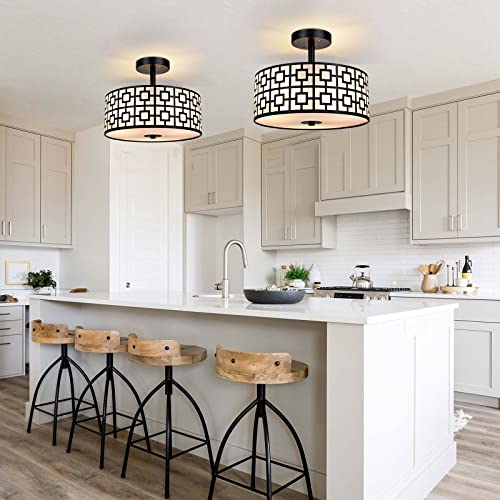 DLLT Flush Mount Ceiling Light: Modern Semi Flush Chandelier Lamp Brushed Chrome Finish - Drum Light Fixture for Bedroom Hallway Kitchen - 3-Light Silver Ceiling Fixture with Double Shade