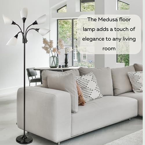 Modern Multi-Head Medusa Floor Lamp - 5 Light Standing Lamp for Bedroom and Living Room with Positionable Acrylic White Shades & 3-Light Mode Switch - Tall Black Floor Lamp for Living Room Decor