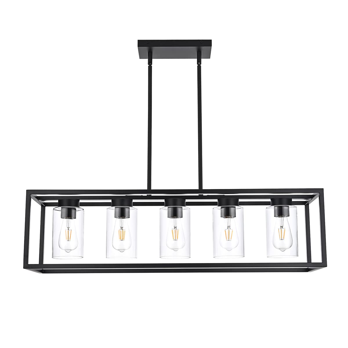 Farmhouse Chandelier for Kitchen Island, Matte Black 5-Light Dining Room Lighting Fixtures, Modern Rectangular Pendant Lighting Chandelier with Clear Glass Shade