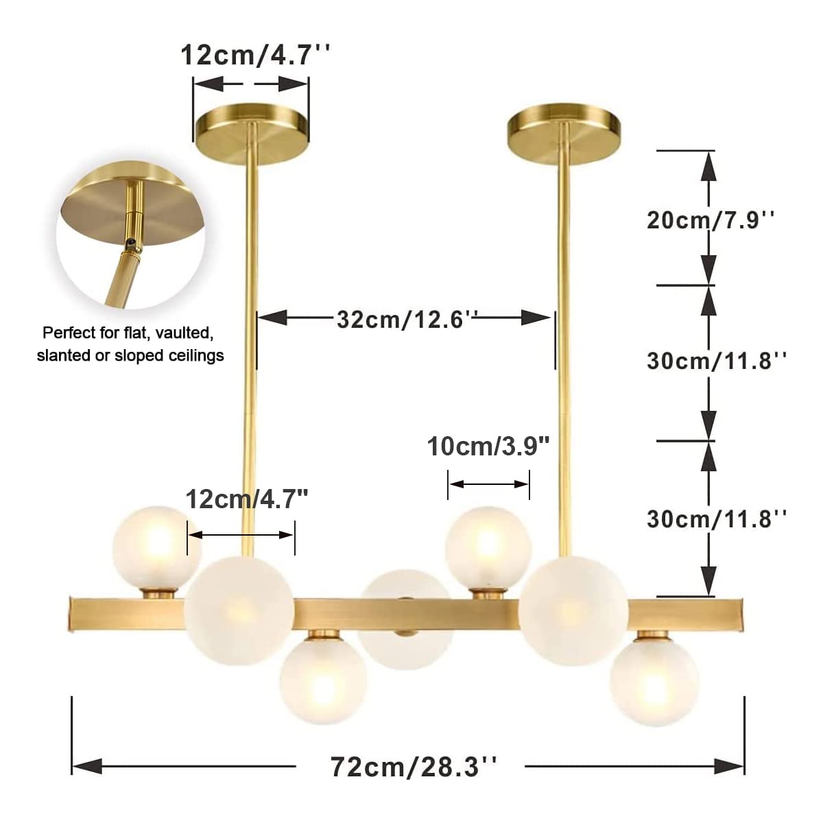 BOKT Modern Gold Chandelier 7-Lights Frosted Glass Globe Pendant Light Kitchen Island Linear Hanging Lighting Fixtures for Living Room Bedroom Dining Room Corridor