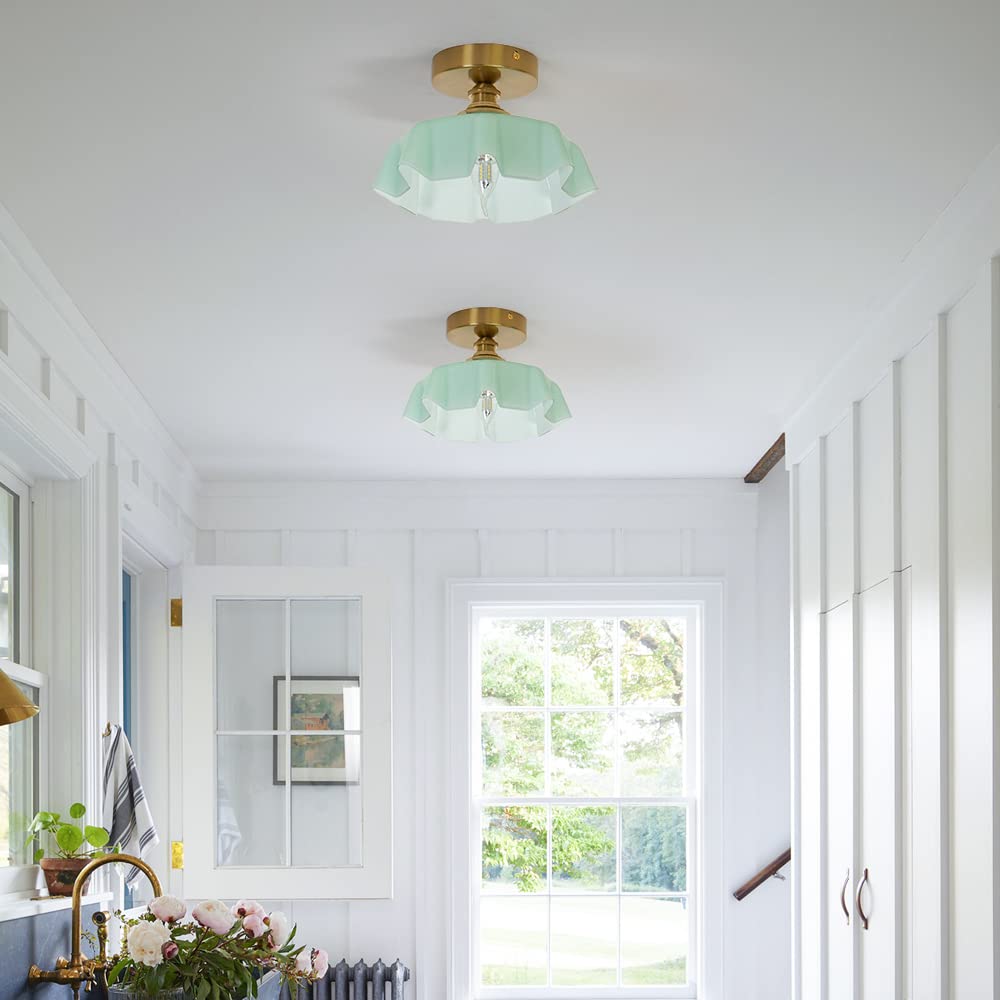 Brass Semi Flush Mount Ceiling Light, Cute Small Green Glass Flush Mount Ceiling Light, Porch Ceiling Light Fixtures, Flower Shape Glass Close to Ceiling Light for Closet Hallway Entryway