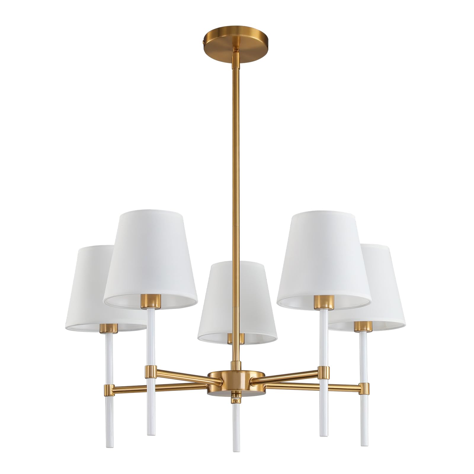 Dining Room Chandeliers Light - 5-Light White and Gold Modern Chandeliers Light Fixtures with White Fabric Shade, Height Adjustable Pendant Island Light for Entryway Farmhouse