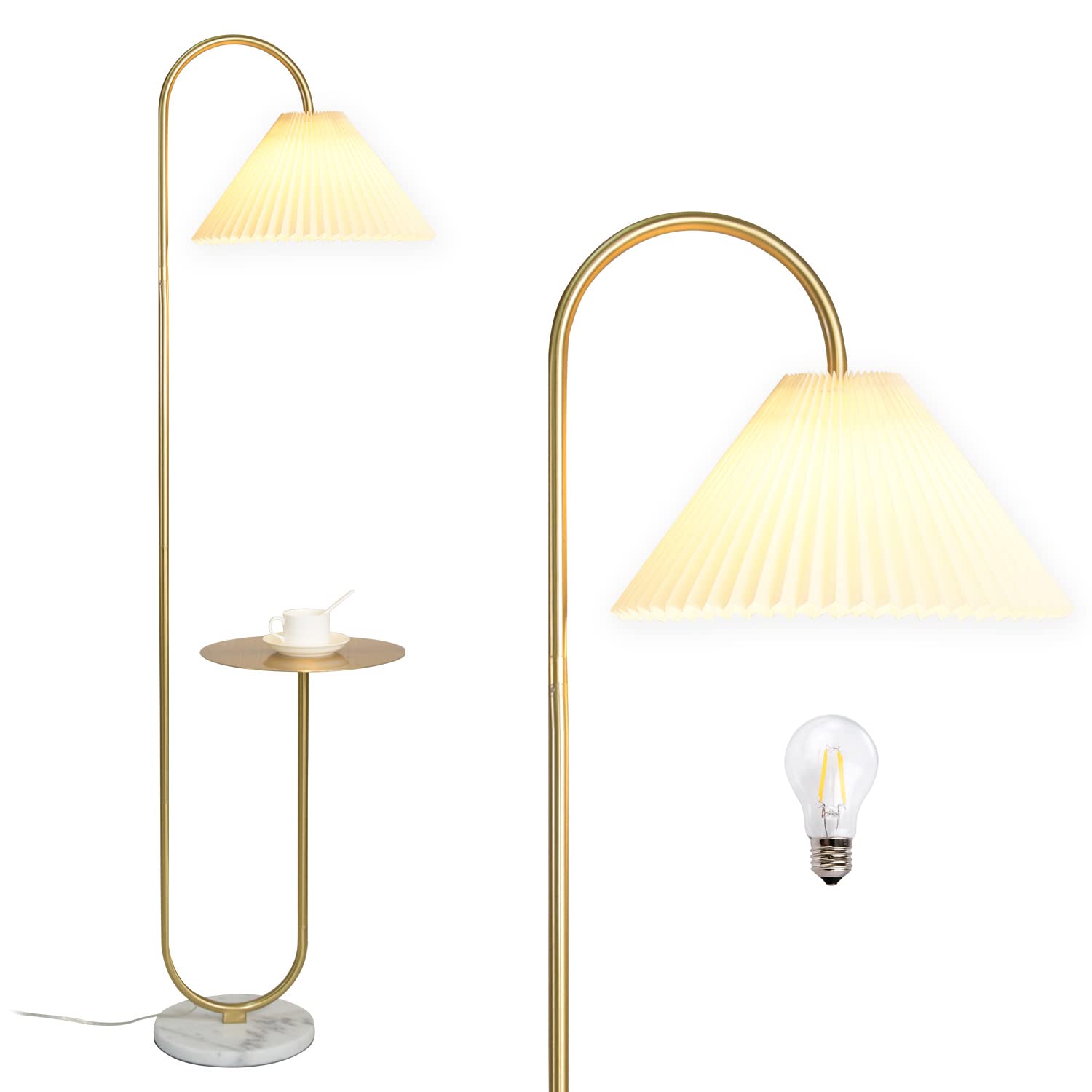 Modern Elegant with Tray Floor Lamp for Office Cafe Den Living Room Bedroom, Foot Switch and Brass/Gold Finish,Light Yellow Pleated Cloth Lampshade