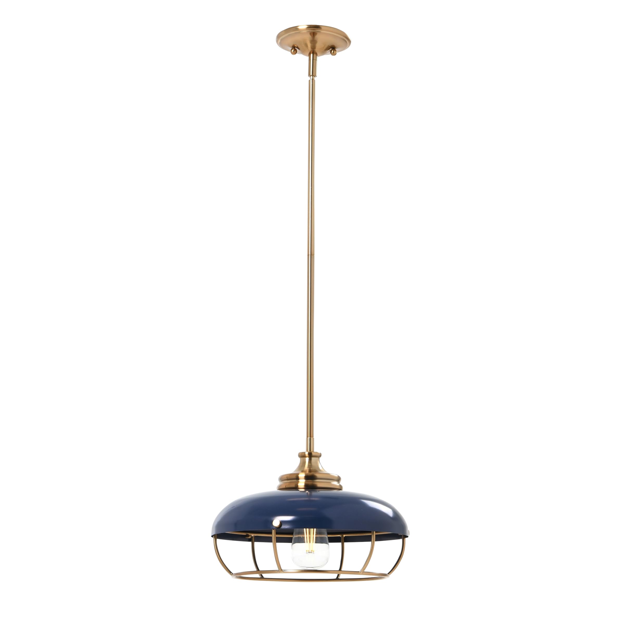 Caged Dome Metal Semi-Flush Mount Ceiling Light, Brushed Brass and Navy Blue