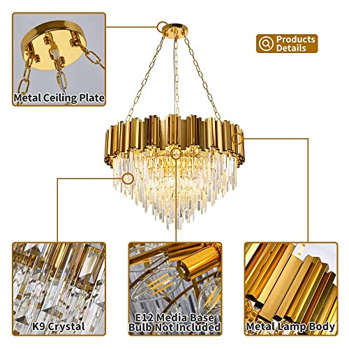 Modern K9 Crystal Pendant Lighting, Round Gold Crystal Chandelier Contemporary Luxury Pendant Ceiling Lighting Fixture for Dining Living Room Kitchen Island, Antique Gold