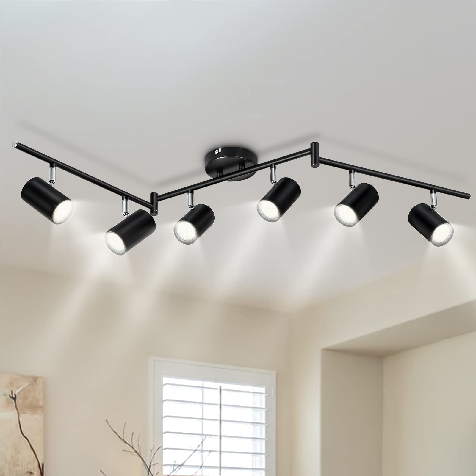 6 Light Track Lighting Fixtures, Black Ceiling LED Track Lighting Kit with Flexibly Rotatable Track Heads&G10 Socket, Modern Ceiling Spotlight for Kitchen, Office, Closet, Studio, Bedroom