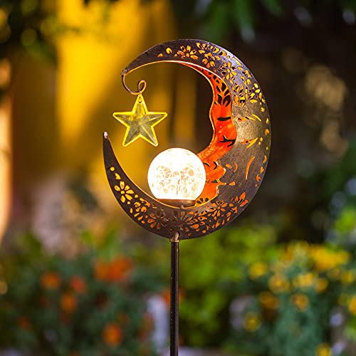 Solar Lights Outdoor Decor Moon Lantern for Patio,Lawn or Pathway Moon Decorations Crackle Glass Globe Stake Metal Lights Waterproof Warm LED Garden Gifts (Bronze)