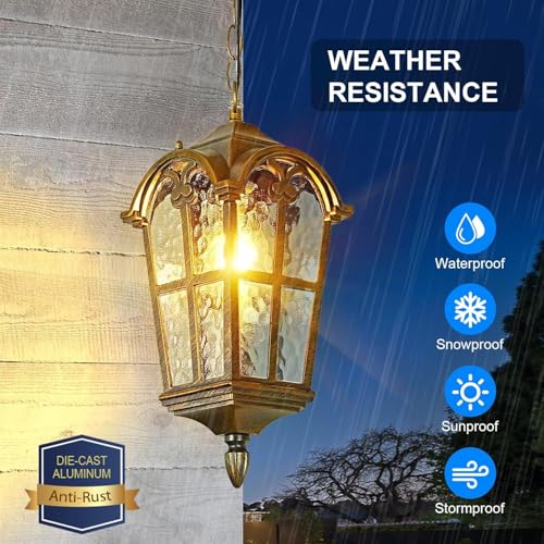 Gold Outdoor Pendant Light fixtures for Patio Foyer Entryway, Anti-Rust Waterproof Exterior Hanging Porch Light with Crack Glass Adjustable Chain Aluminum Outside Ceiling Lights(1 Pack)