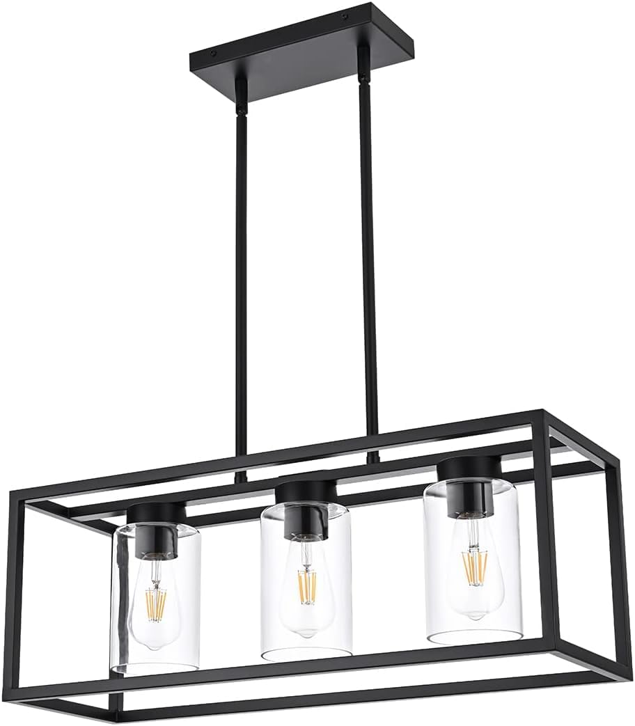 Farmhouse Chandelier for Kitchen Island, Matte Black 5-Light Dining Room Lighting Fixtures, Modern Rectangular Pendant Lighting Chandelier with Clear Glass Shade