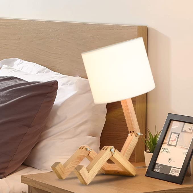 Cute Desk Lamp, Dimmable Robot Table Lamps, Wood Bedside Lamps Nightstand Lamp for Bedroom, Study, Office, Living Room