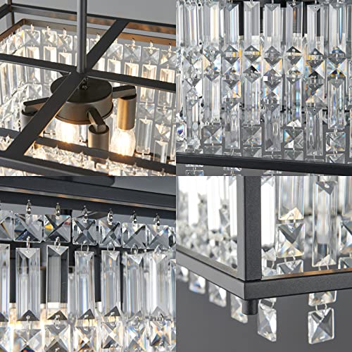 4-Light Dining Room Light Fixture 11.81 inch Square Lndustrial Farmhouse Chandelier Gold Metal Crystal Pendant Light for Kitchen Island Dining Room Living Room Flat and Inclined Ceiling