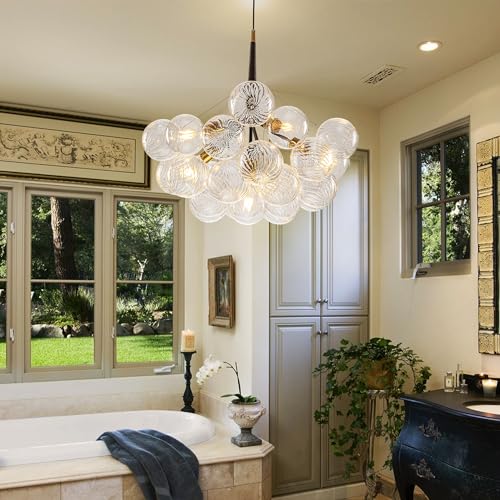 Semi Flush Mount Ceiling Bubble Ball Chandelier Lighting Dia 20 Inch Gold Clear Ribbed Blown Glass Chandeliers Ceiling Medallions Light Fixtures for Bedroom, Living Room, Entry, Bathroom