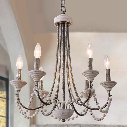 Farmhouse Chandelier, 6-Lights Wood Chandelier, Distressed Black Pendant Light Adjustable Height, Rustic Chandeliers for Dining Room Kitchen Island Foyer Living Room Entryway Hallway (18.3")