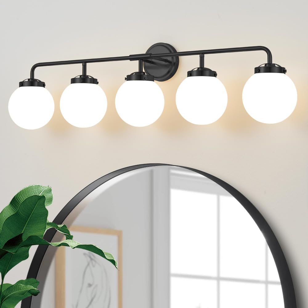 Black Gold Bathroom Light Fixtures Over Mirror, Modern Vanity Lighting with Milk White Glass Globe Shades 2-Light Farmhouse Wall Sconce