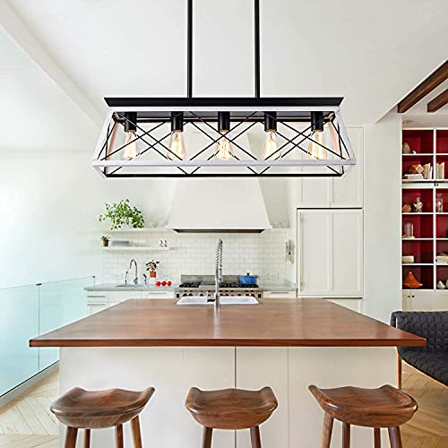 Farmhouse Chandeliers for Dining Room, Rustic Kitchen Island Light Fixture, 5-Light Linear Pendant Lighting Rectangular Chandelier, Metal Solid Ceiling Lights Black