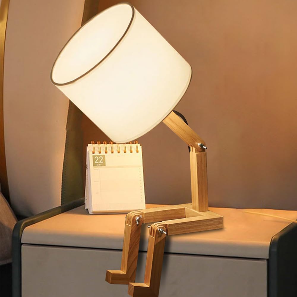 Cute Desk Lamp, Dimmable Robot Table Lamps, Wood Bedside Lamps Nightstand Lamp for Bedroom, Study, Office, Living Room