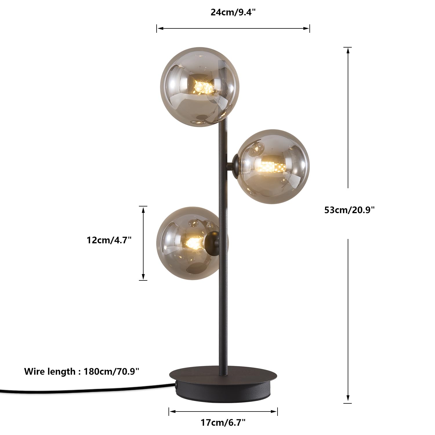 Gold Globe Desk Lamp 3 Lights Mid Century Modern Table Lamp Contemporary Cognac Glass Globe Bedside Lamp for Bedroom Living Room Study Room