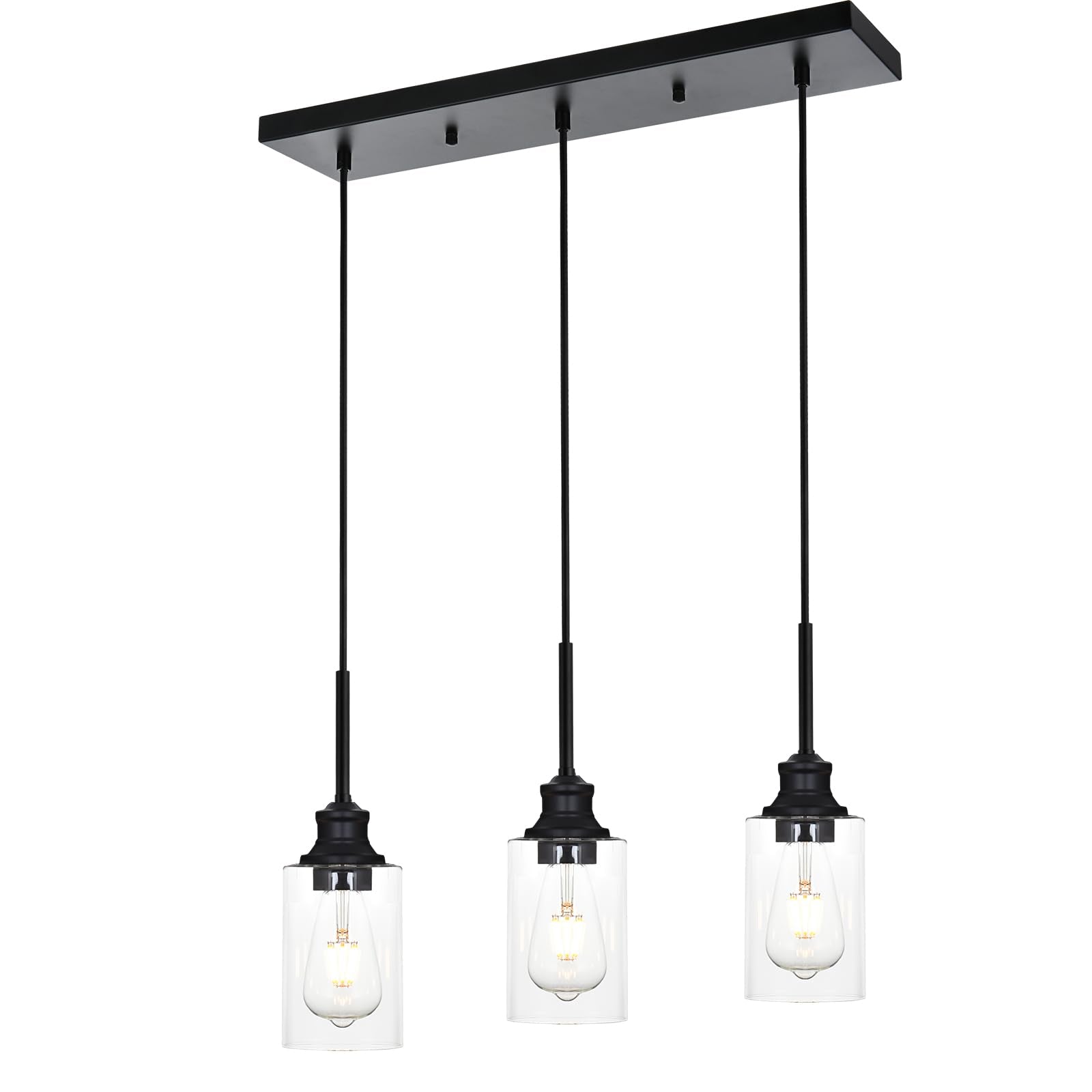 3-Light Kitchen Island Pendant Light Fixtures Hanging Black Farmhouse Pendant Lighting Cluster with Clear Glass Shade, Modern Industrial Linear Chandeliers Light for Dining Room Foyer Hallway