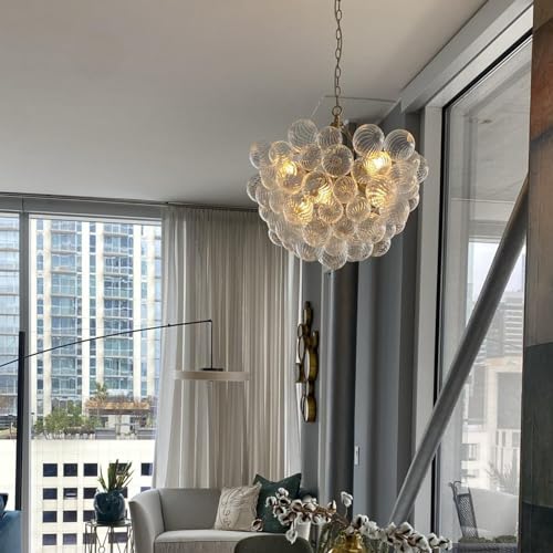 Semi Flush Mount Ceiling Bubble Ball Chandelier Lighting Dia 20 Inch Gold Clear Ribbed Blown Glass Chandeliers Ceiling Medallions Light Fixtures for Bedroom, Living Room, Entry, Bathroom