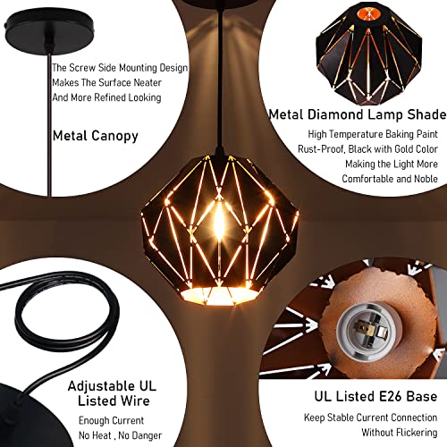 Pendant Light Industrial Vintage Pendant Lamp Retro Farmhouse Ceiling Hanging Light Fixture Black Metal Creative Geometric Diamond Shade Pendant Lighting for Kitchen Island