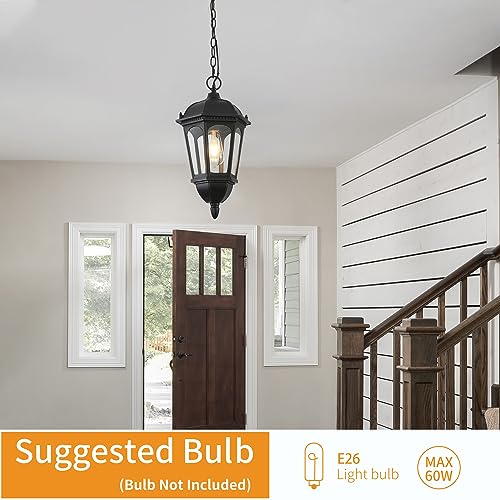 Large Outdoor Pendant Porch Light, 17.5''H Outdoor Hanging Lights, Waterproof Outside Chandelier Light, Black Exterior Hanging Front Lights with Clear Glass for Porch, Patio, Entryway