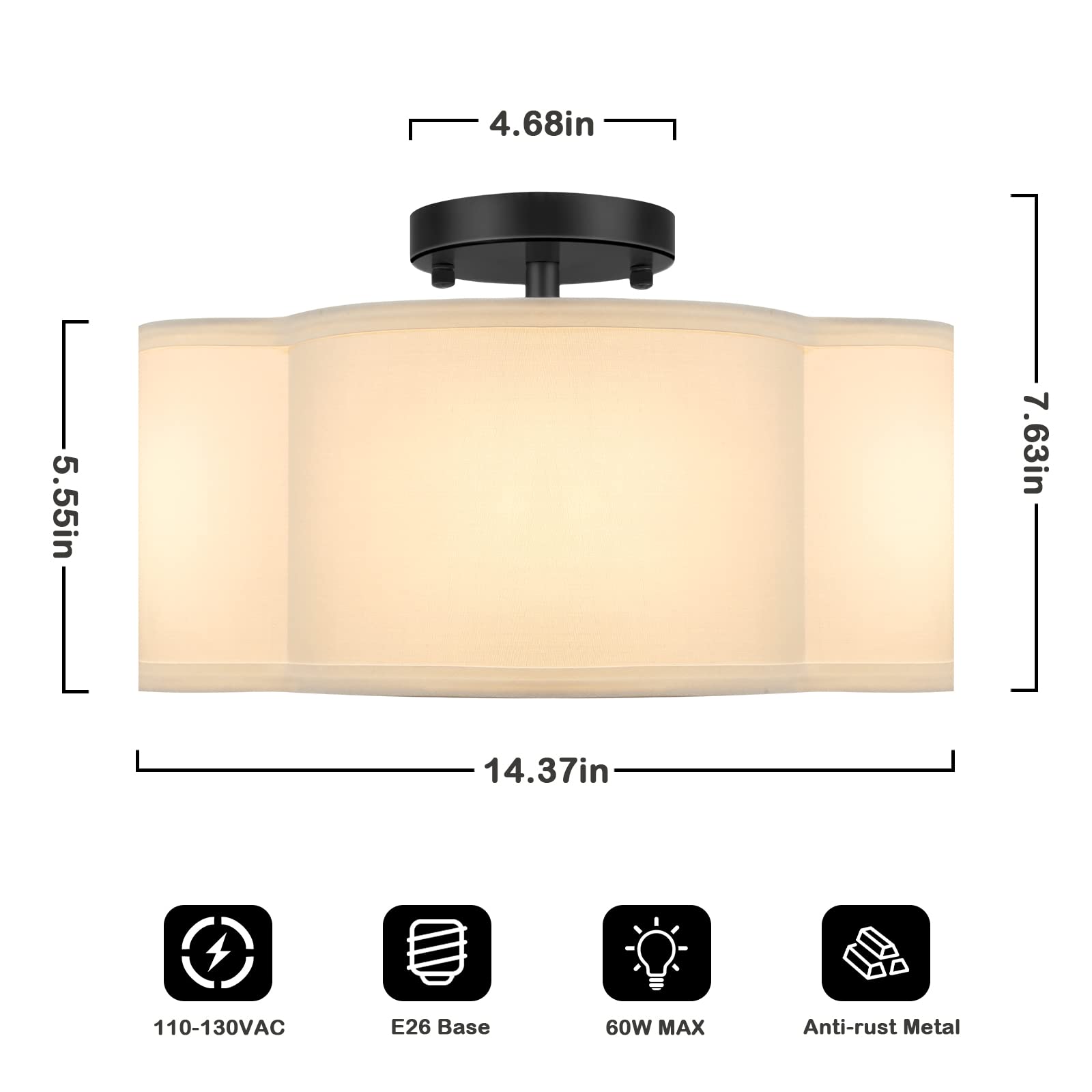 4-Light Semi Flush Mount Ceiling Light Fixture, Gold Modern Close to Ceiling Lamp with White Fabric Shade, Farmhouse Bright Lighting Brass Finish for Nursery Kids Room Bedroom Kitchen Hallway Entryway