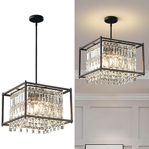 4-Light Dining Room Light Fixture 11.81 inch Square Lndustrial Farmhouse Chandelier Gold Metal Crystal Pendant Light for Kitchen Island Dining Room Living Room Flat and Inclined Ceiling