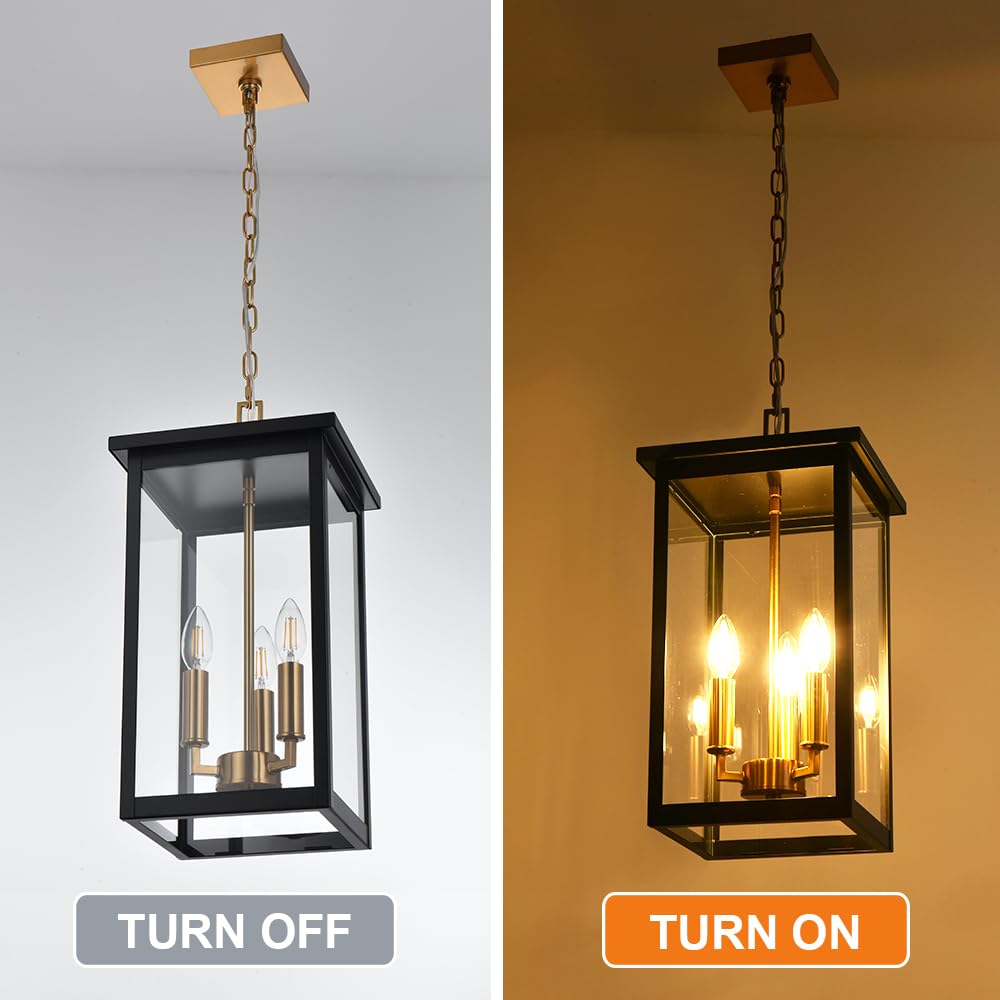 3-Lights Large Outdoor Pendant Lighting Clear Glass, Ceiling Porch Light Fxitures Adjustable Chain for Foyer Patio, Exterior Hanging Lantern Lamp, E12 Bulb Base, Black & Bruhed Brass