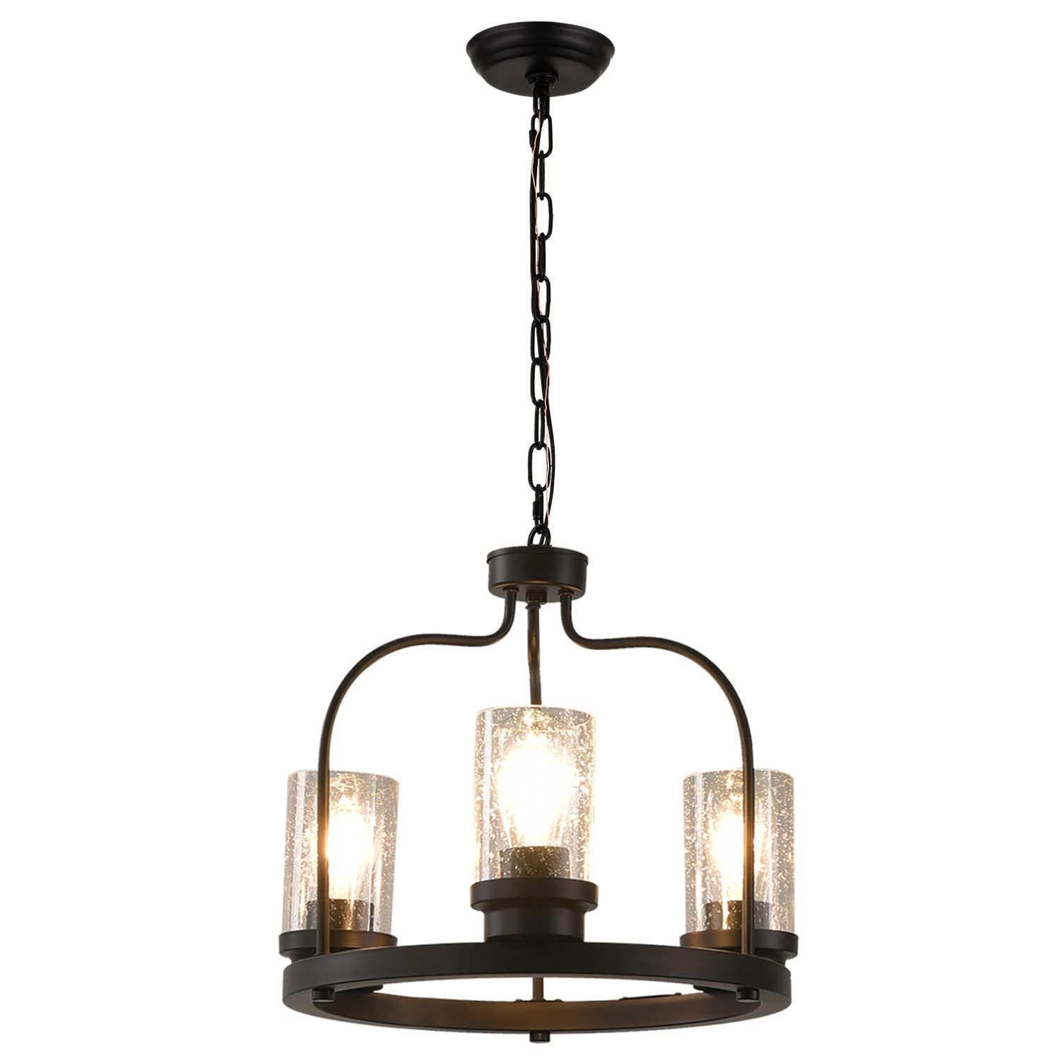 Farmhouse Rustic Chandelier 3 Lights with Glass Shades, 15.5 inches Industrial Dinning Table Pendant Lamp Vintage Edison Hanging Light Fixture, Black C0154