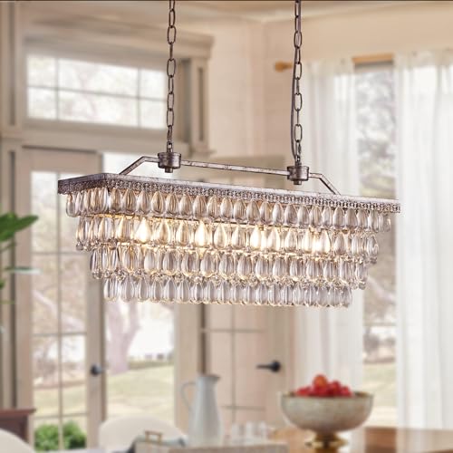 Dining Room Crystal Chandelier,30 inch Antique Bronze Rectangle Crystal Ceiling Light,4 Lights Farmhouse Kitchen Island Lighting,Adjustable Hanging Light Fixtures