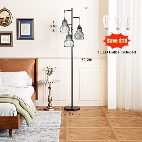 Dimmable Floor Lamp, 3 x 800LM LED Edison Bulbs Included, Farmhouse Industrial Floor Lamp Standing Tree Lamp with Elegant Cage Tall Lamps for Living Room Bedroom Office - Black