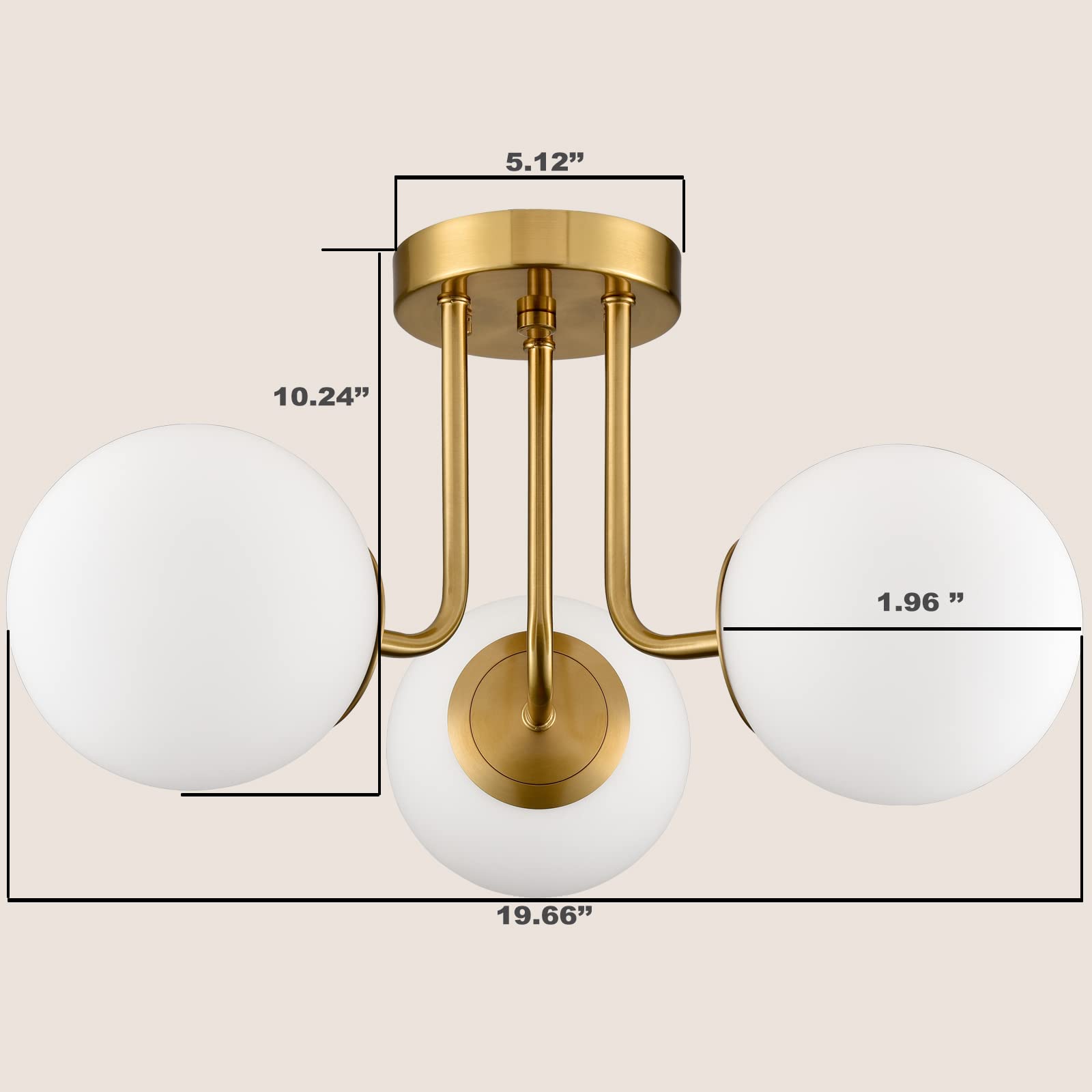 Modern Brass Gold 3-Light Ceiling Light with Globe White Glass Shade Semi Flush Mount Ceiling Light for Living Room Hallway Sputnik Chandelier Lighting Fixture