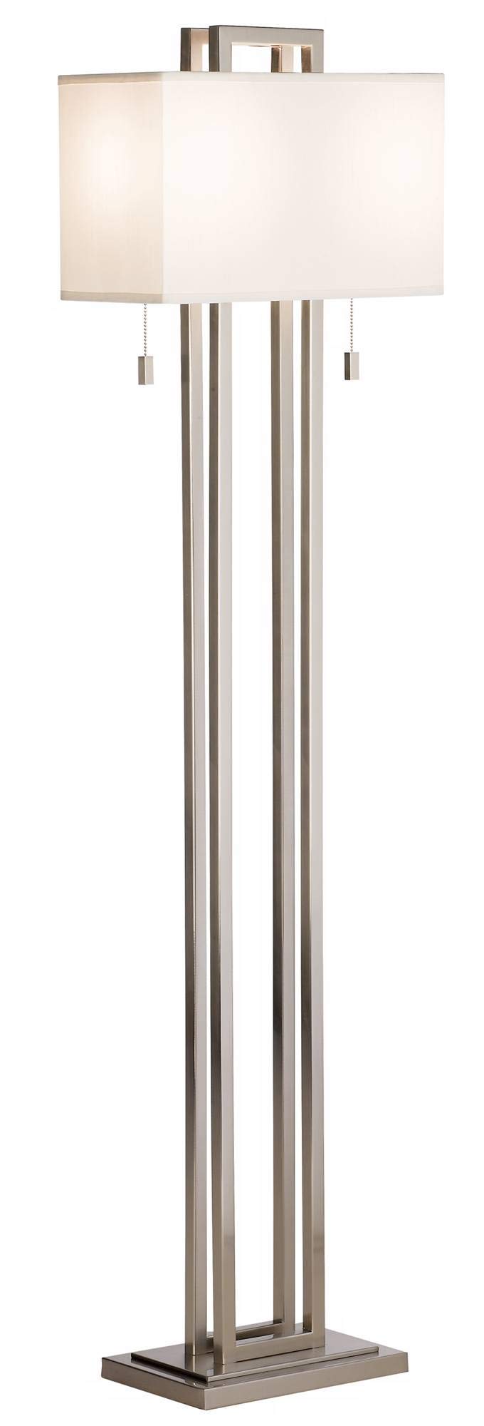 Euro Design Modern Standing Floor Lamp Double Tier 62" Tall Brushed Nickel Silver Openwork Rectangular Off White Fabric Shade Decor for Living Room Reading House Bedroom Home