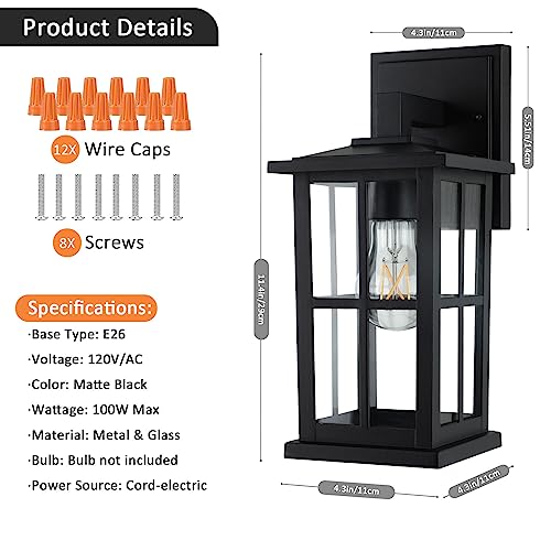 2-Pack Outdoor Light Fixtures Wall Mount, Waterproof Exterior Wall Lanterns Porch Lights, Matte Black Outside Lights for House with Clear Glass Shades for Garage Front Door, Bulb not Included