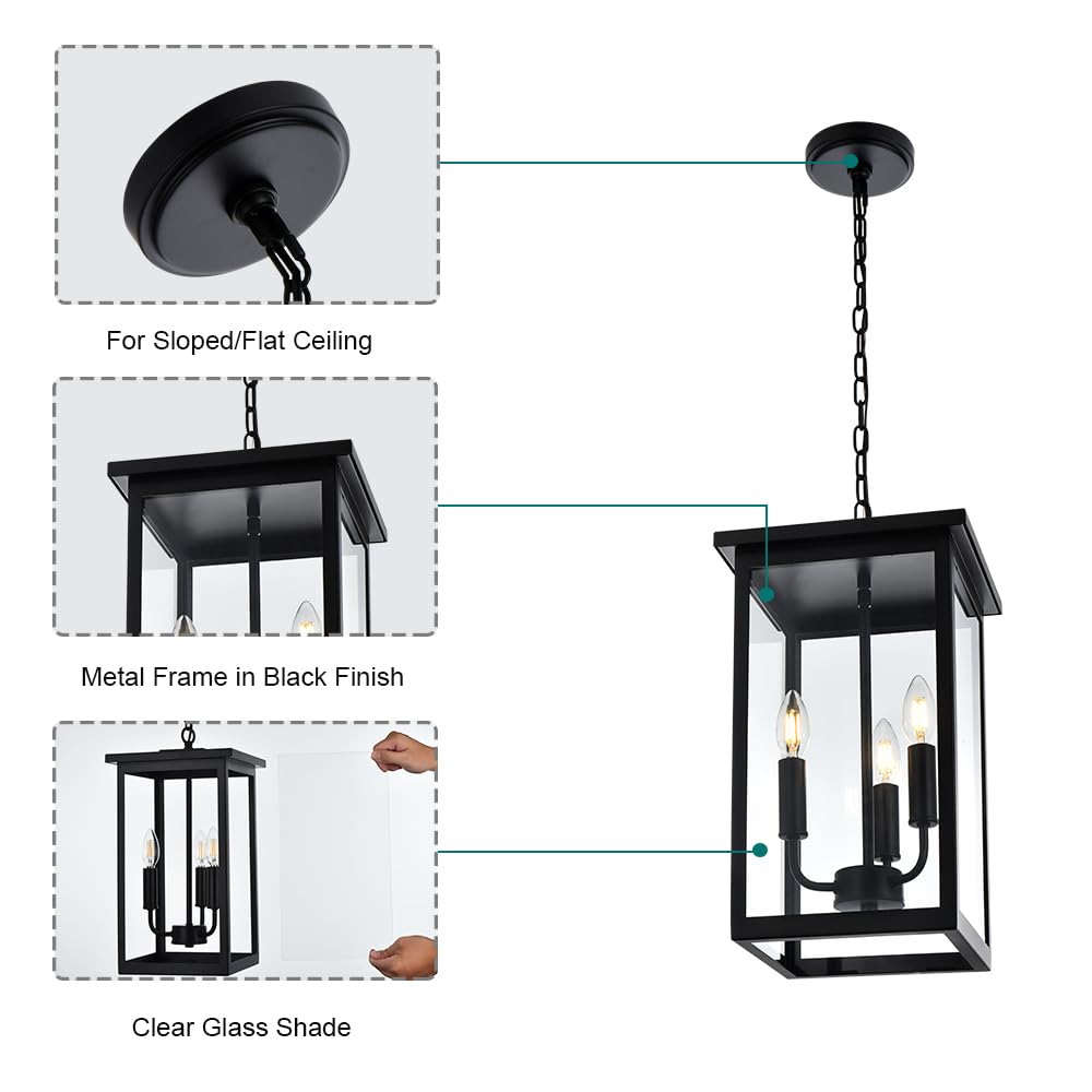 Black Outdoor Pendant Light 4-Light Outside Pendant Hanging Light Fixture Ceiling Mount with Clear Glass Industrial Hanging Cage Chandelier for Porch,Entryway,Doorway,Farmhouse