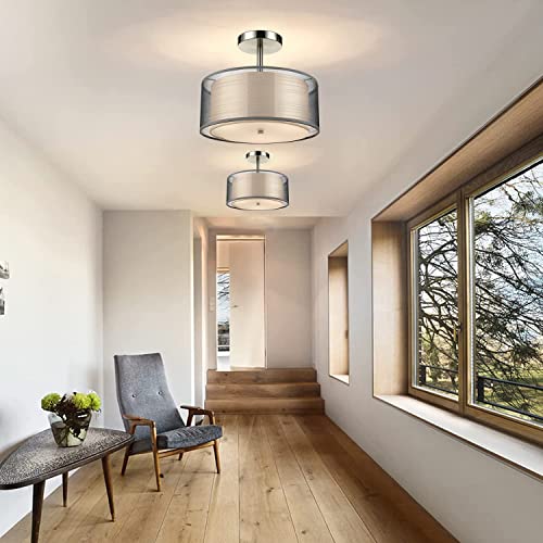 3-Light Semi Flush Mount Ceiling Light Fixture - Easric Modern Light Fixtures Ceiling Mount Drum Light Fixture with Double Fabric Shade Closed to Ceiling Lamp for Bedroom Kitchen Hallway Foyer, White