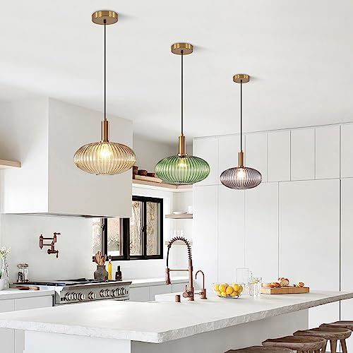 Modern Gold Globe Pendant Lamp 1-Light Mid Century Antique Brass Dining Pendant Light Amber Glass Farmhouse Pendant Lighting Adjustable Large Vintage Hanging Ceiling Pendant Light