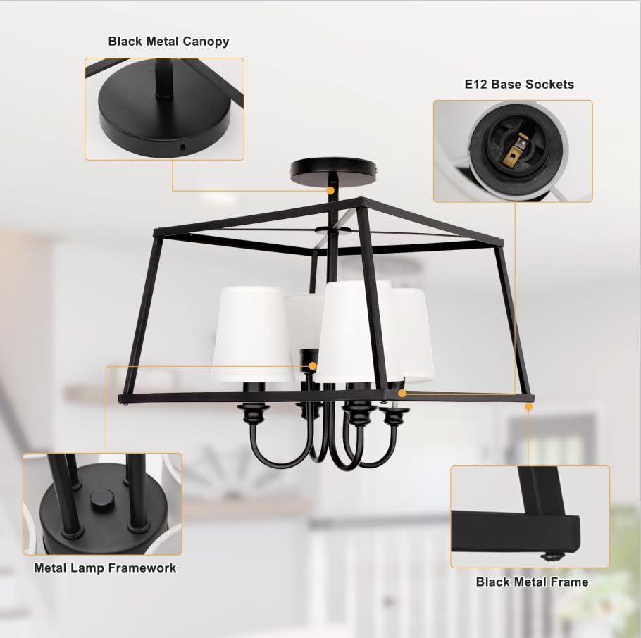 4 Light Semi Flush Mount Ceiling Light 15.7 Inches Light Fixture with Metal Frame Fabric Shade Modern Ceiling Light for Living Room Bedroom Kitchen Dining Room Entryway Hallway