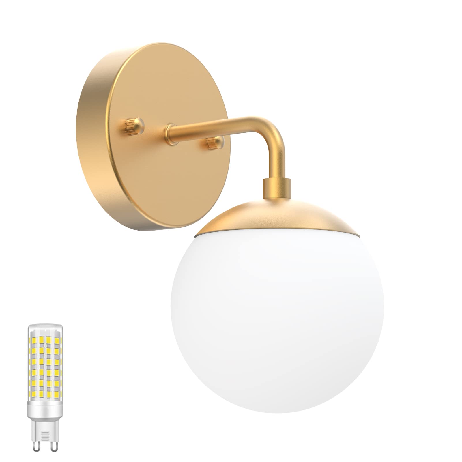 Gold Wall Sconce 1 Light,Mid Century Modern Globe Wall Sconce, Gold Wall Light for Restaurant Living Room Bedside Stairs Bathroom Mirror(3000K G9 Bulbs Include)