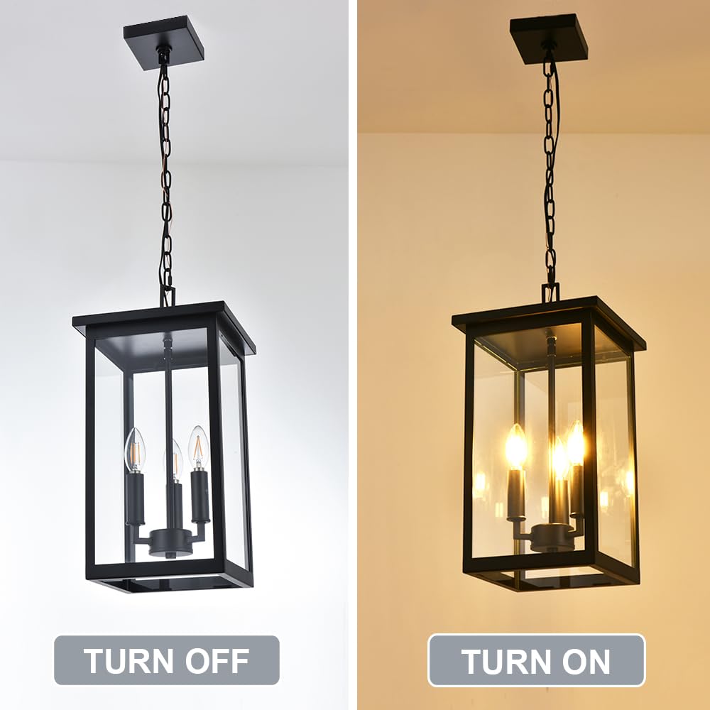 3-Lights Large Outdoor Pendant Lighting Clear Glass, Ceiling Porch Light Fxitures Adjustable Chain for Foyer Patio, Exterior Hanging Lantern Lamp, E12 Bulb Base, Black & Bruhed Brass