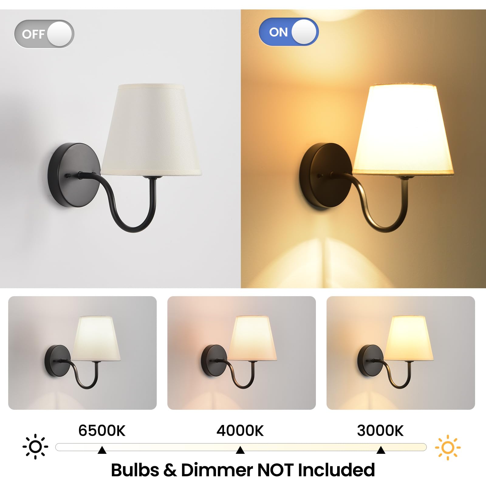 Wall Sconces Sets of 2, Bathroom Vanity Sconces Wall Lighting, Indoor Wall Lights with Light Beige Fabric Shades, Black Wall Mounted Lamps for Bedroom Living Room Hallway Kitchen, Hardwire