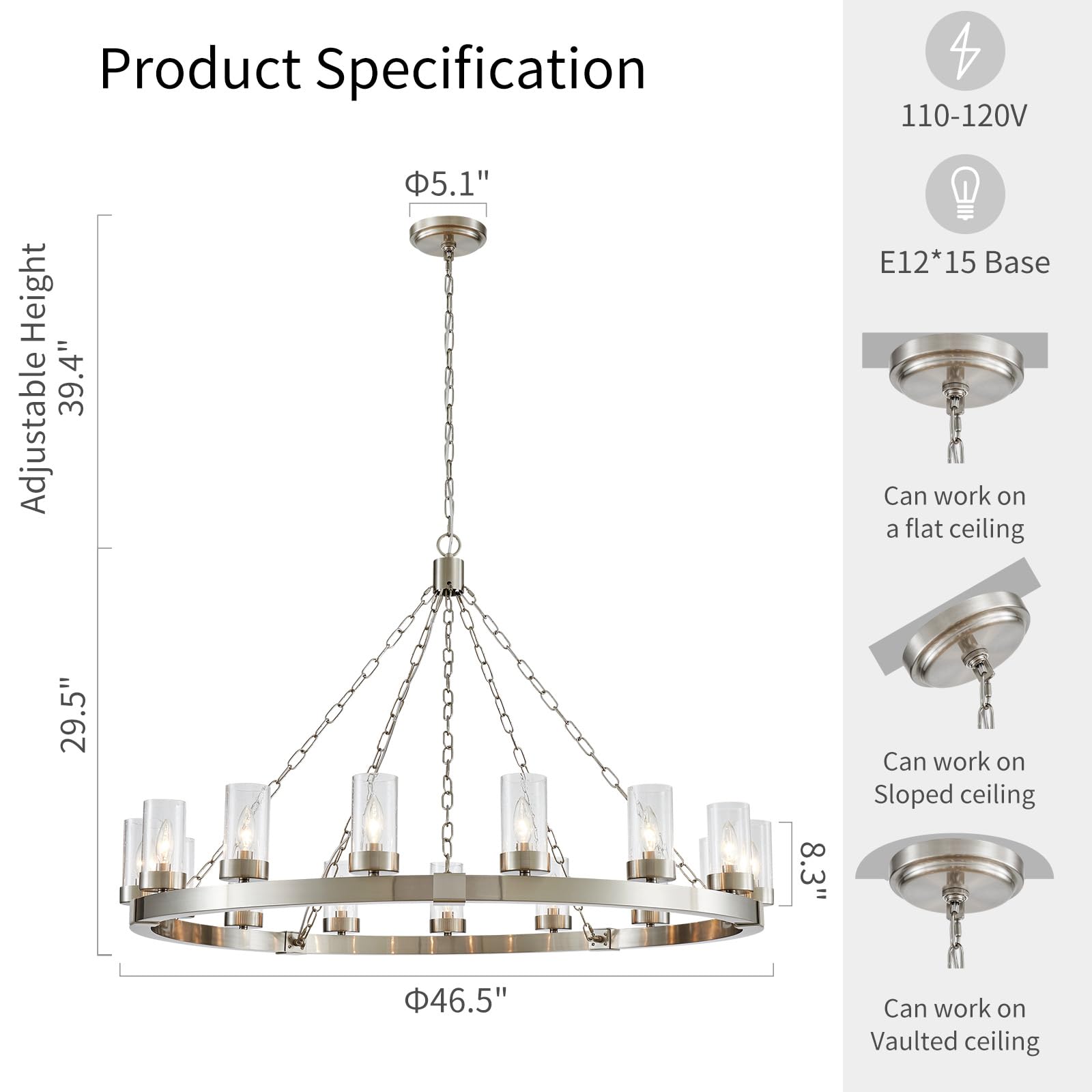 5-Light Wagon Wheel Chandelier Rustic Farmhouse Industrial Round Pendant Light Fixture with Clear Seeded Glass Shades for Dining Room Kitchen Island, H 20.5" x W 26.2", E12 Base, Gold