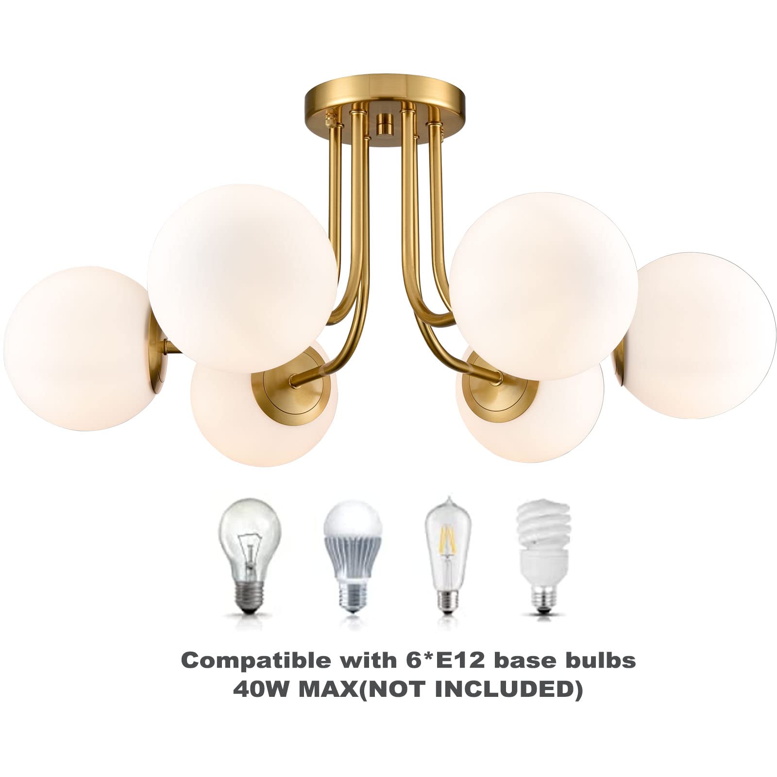 Modern Brass Gold 3-Light Ceiling Light with Globe White Glass Shade Semi Flush Mount Ceiling Light for Living Room Hallway Sputnik Chandelier Lighting Fixture