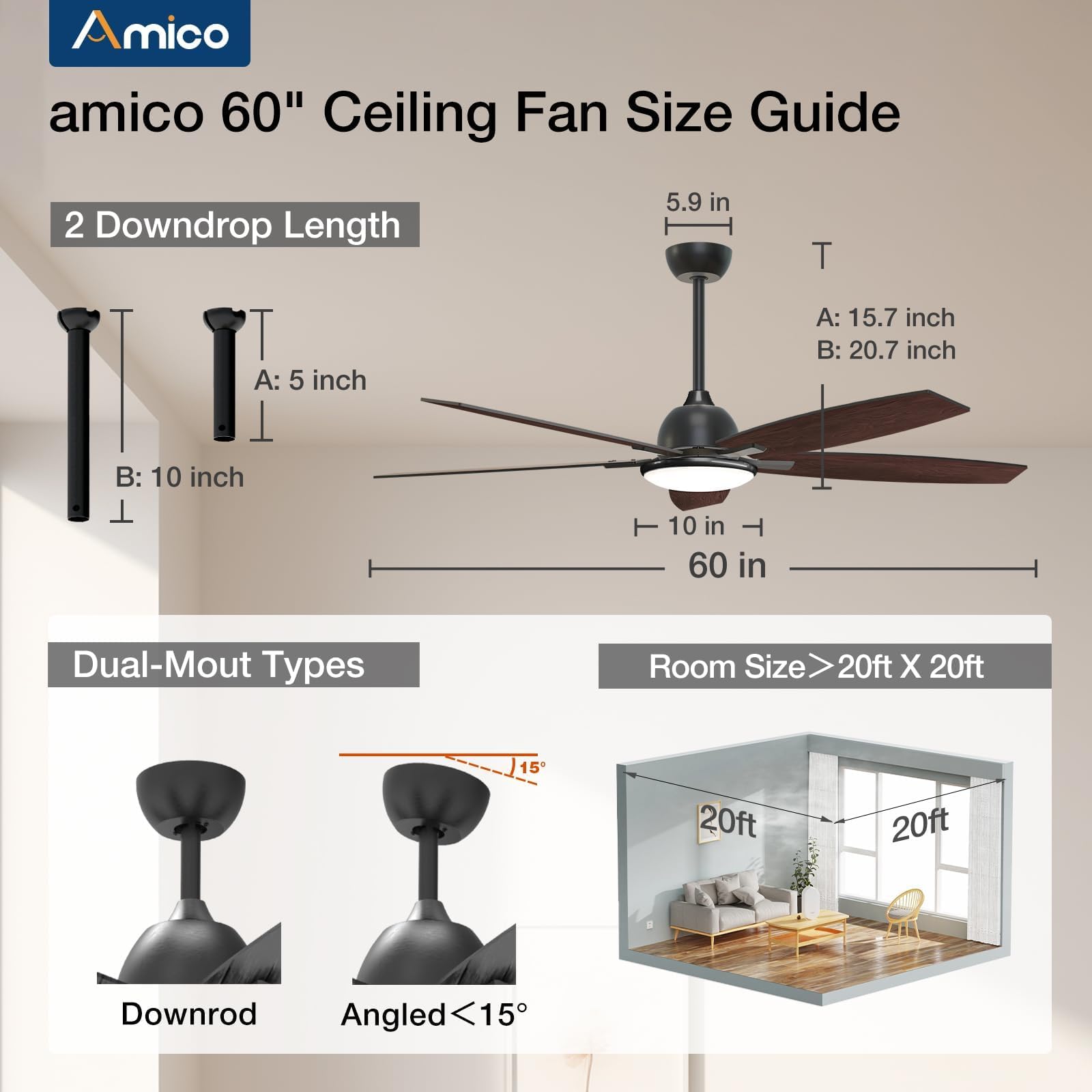 Ceiling Fans with Lights, 52 inch Smart Ceiling Fan with Remote/APP/Alexa Control, Reversible DC Motor, 5 Blades, 6 Speeds, 3CCT, Dimmable, Noiseless, Wifi Ceiling Fan for Bedroom, Farmhouse