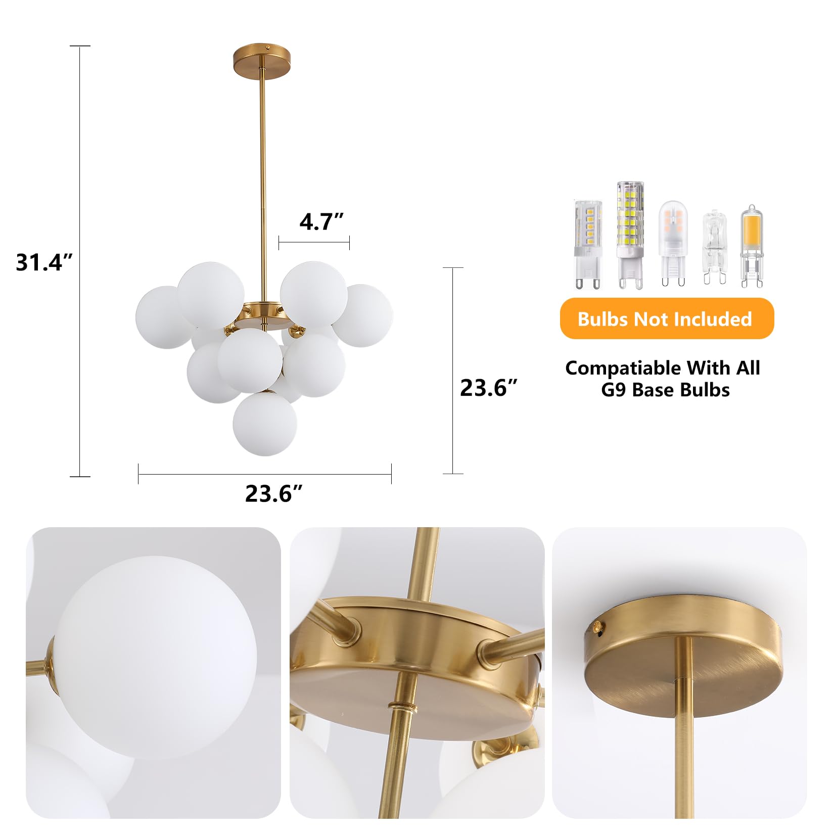 Modern Globe Gold Chandelier - 3.9in Glass Shape Sputnik Ceiling Light Fixture, Mid Century Bubble Dining Room Pendant Light, Hanging Brass Island Light for Kitchen Bedroom Entryway Over Table