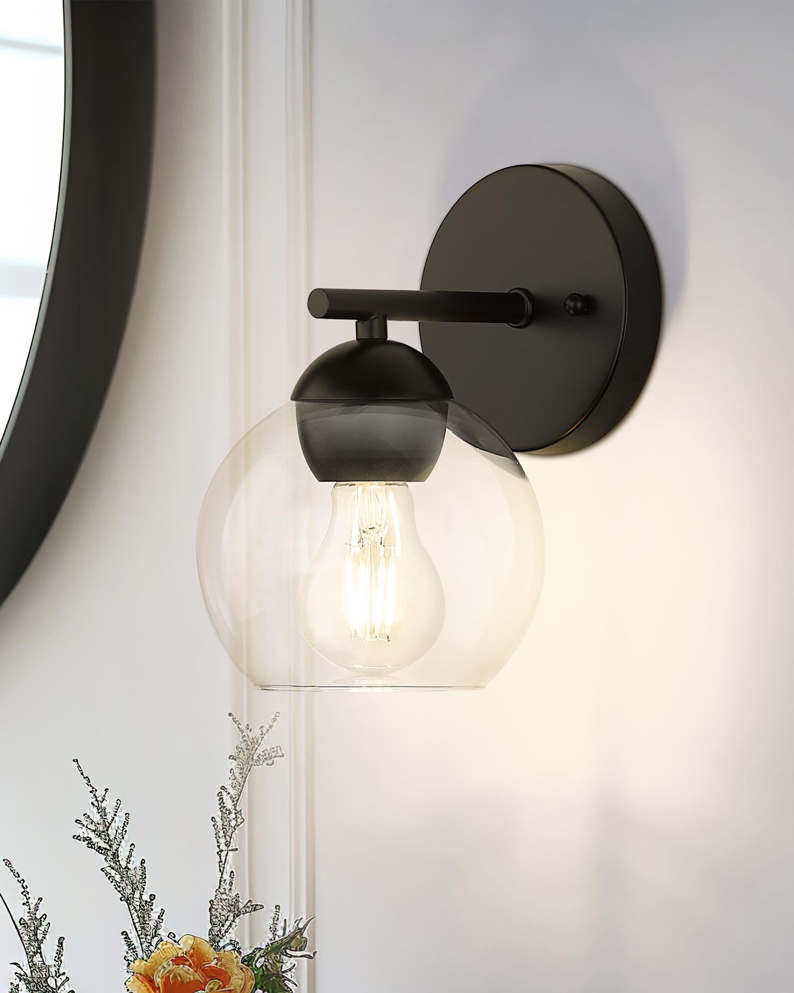 Black Vanity Lights for Mirror, Modern Farmhouse 2-Light Bathroom Light Fixtures Globe Bathroom Vanity Light with Milk Glass Shade, VL114-BK-ML-2