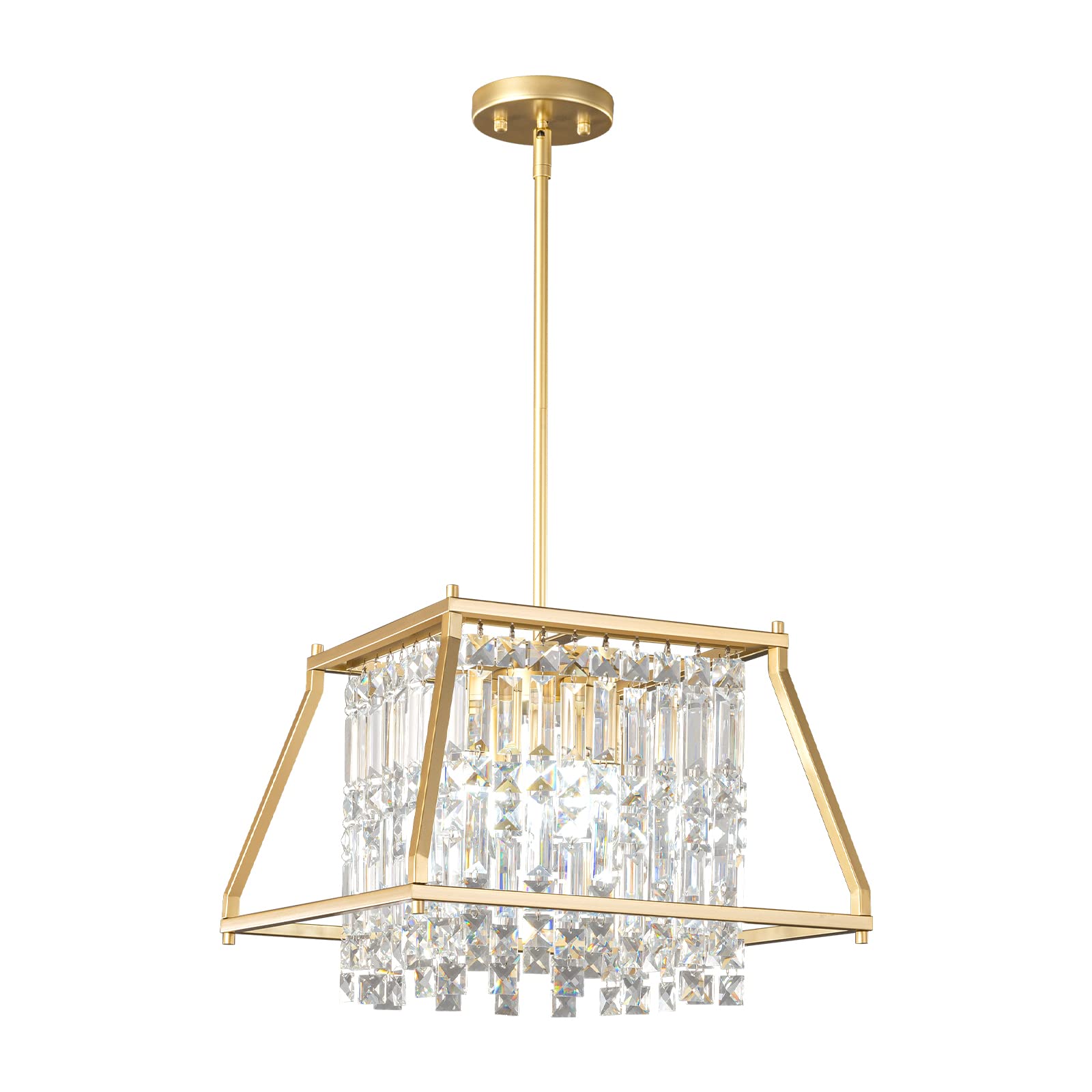 4-Light Dining Room Light Fixture 11.81 inch Square Lndustrial Farmhouse Chandelier Gold Metal Crystal Pendant Light for Kitchen Island Dining Room Living Room Flat and Inclined Ceiling