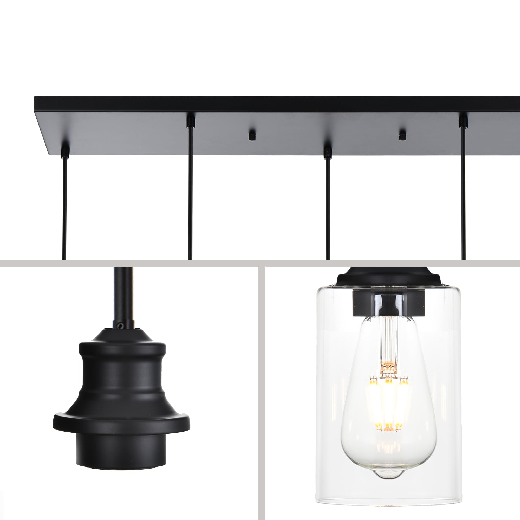 3-Light Kitchen Island Pendant Light Fixtures Hanging Black Farmhouse Pendant Lighting Cluster with Clear Glass Shade, Modern Industrial Linear Chandeliers Light for Dining Room Foyer Hallway